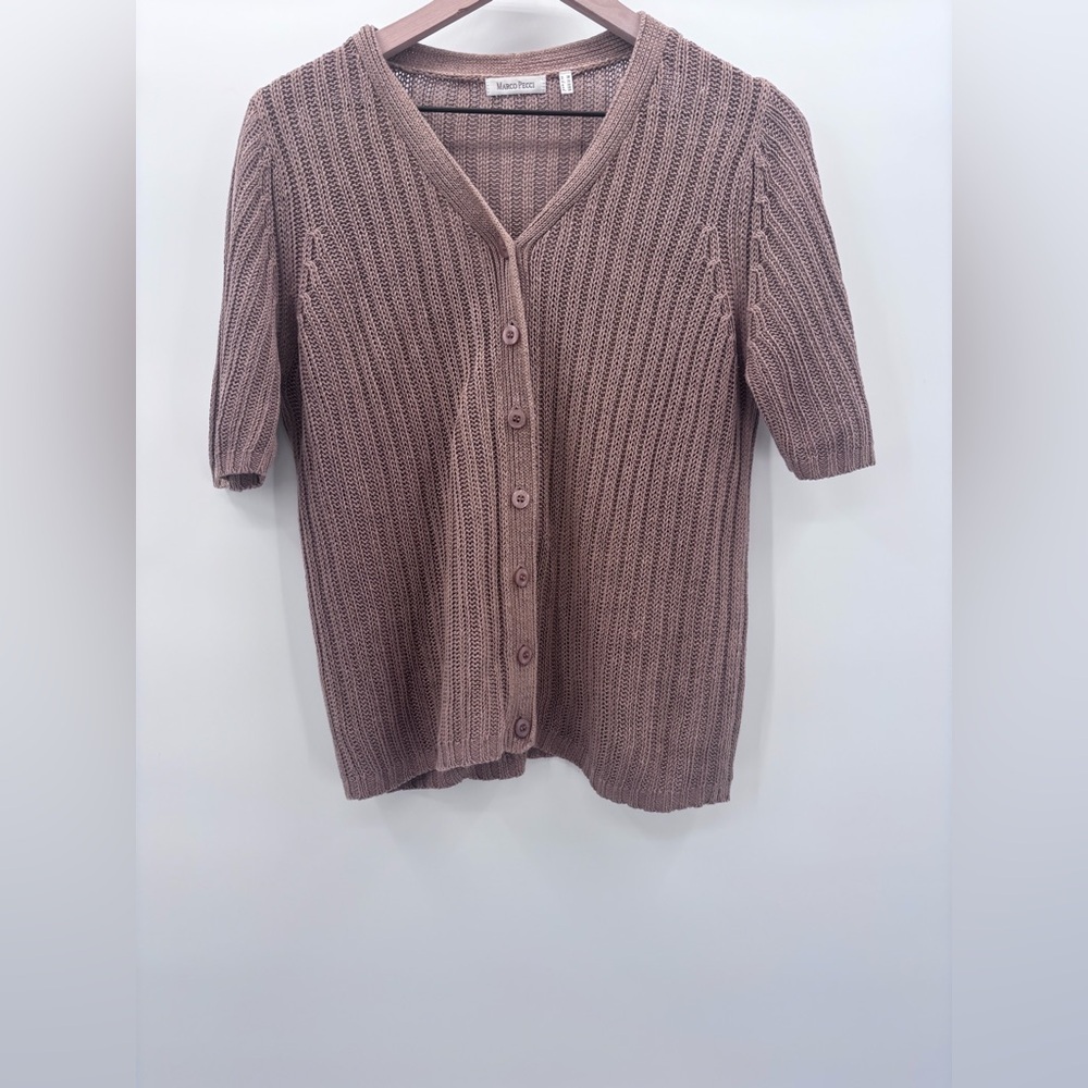 Marco Pecci 100% Linen Ribbed V-Neck Button Up Cardigan Size Small in Camel